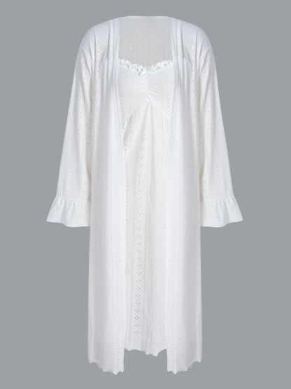 White Eyelet Embroidery Ruffle Camisole Dress & Loose Long Sleeve Cardigan Loungewear Set