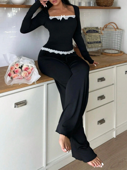 Woman's Black Lace Embellished Long-Sleeve Loose Wide-Leg Pants Comfortable Loungewear Two-Piece-Aegean-sea