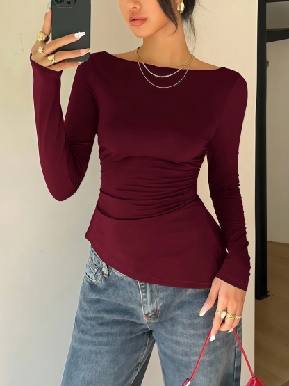 Women's Burgundy Long-Sleeve Off-the-Shoulder Back Lace Cutout Bow-Accent Fitted Blouse