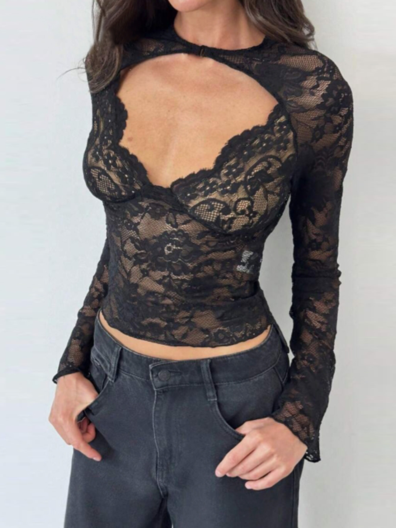 Woman's Black Lace Chest Cutout Cropped Top | Sexy Deep V Fitted Long-Sleeve Hot Girl Inner Wear-Aegean-sea