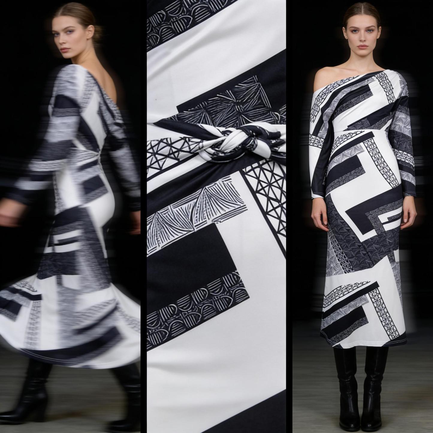 Black-and-white geometric-patterned slouch-shouldered women‘s dress Long-sleeved, body-fitting, hip-length skirt