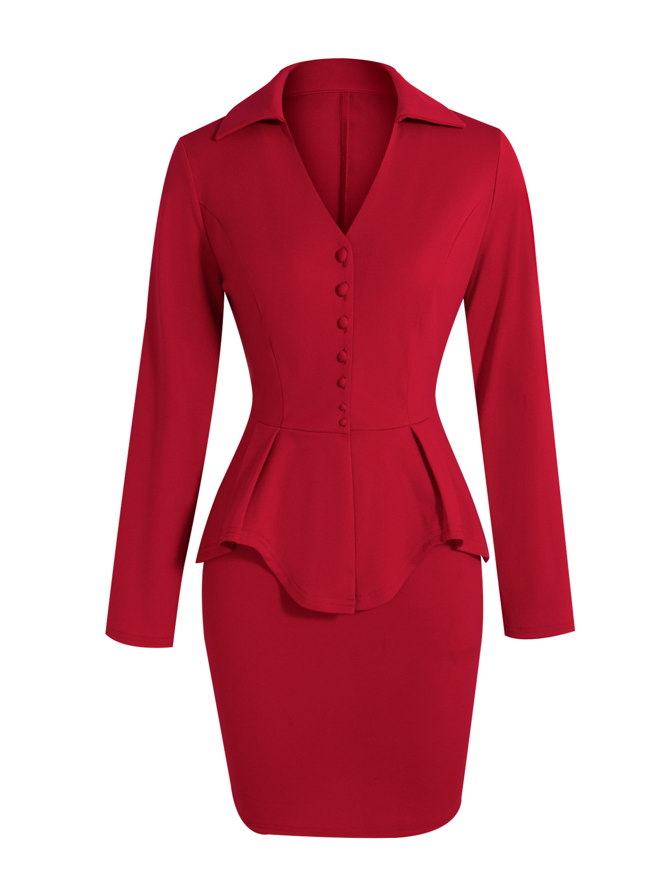 Red Peplum Blazer and Bodycon Medium Skirt Set for Women-Aegean-sea