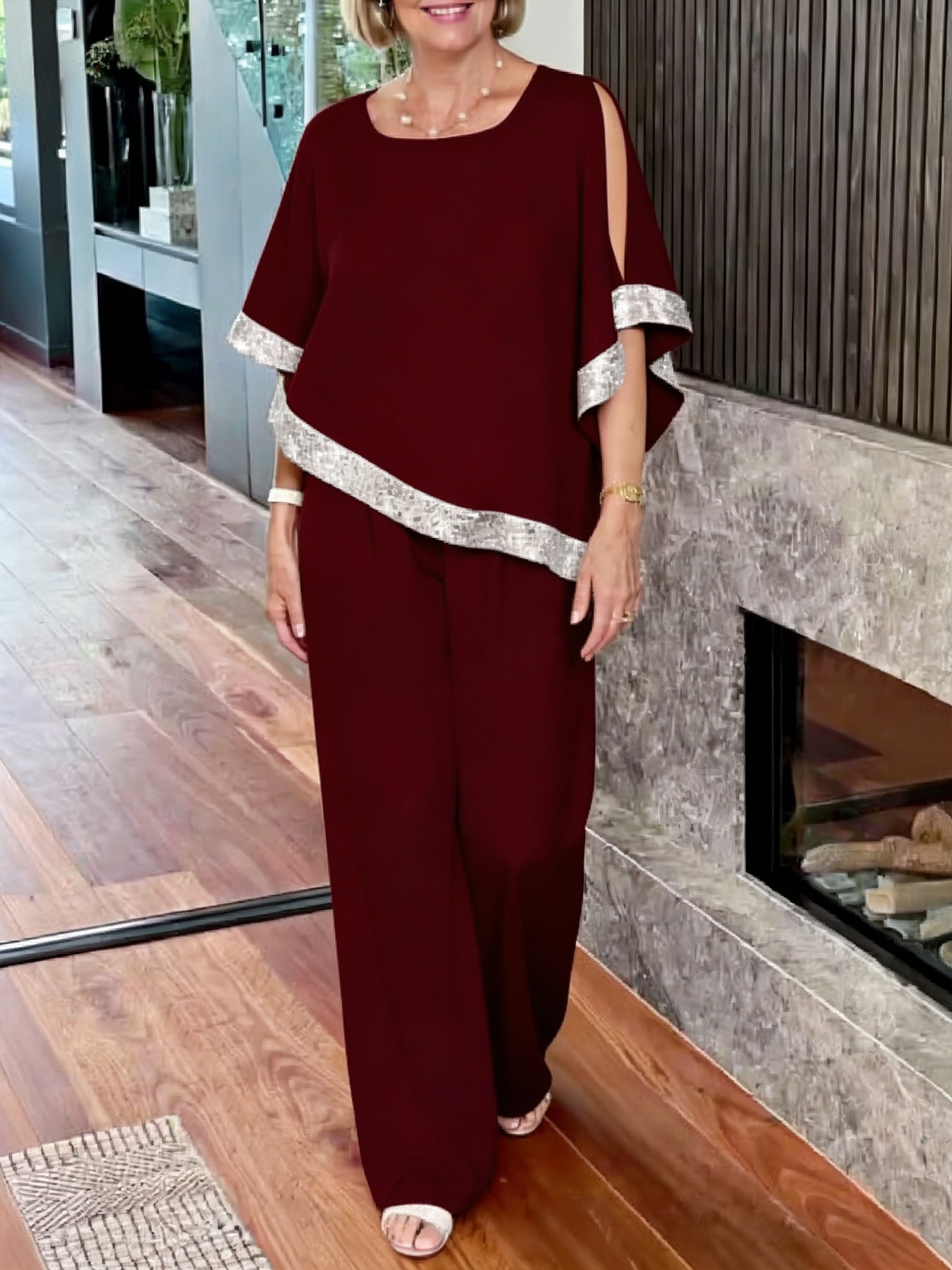 Woman in Pink Gold-Stitched Cloak-style Top and Wide-Legs Suit