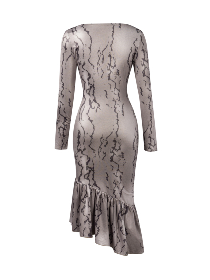 Woman's Beige Snake Print Square Neck Asymmetric Midi Dress