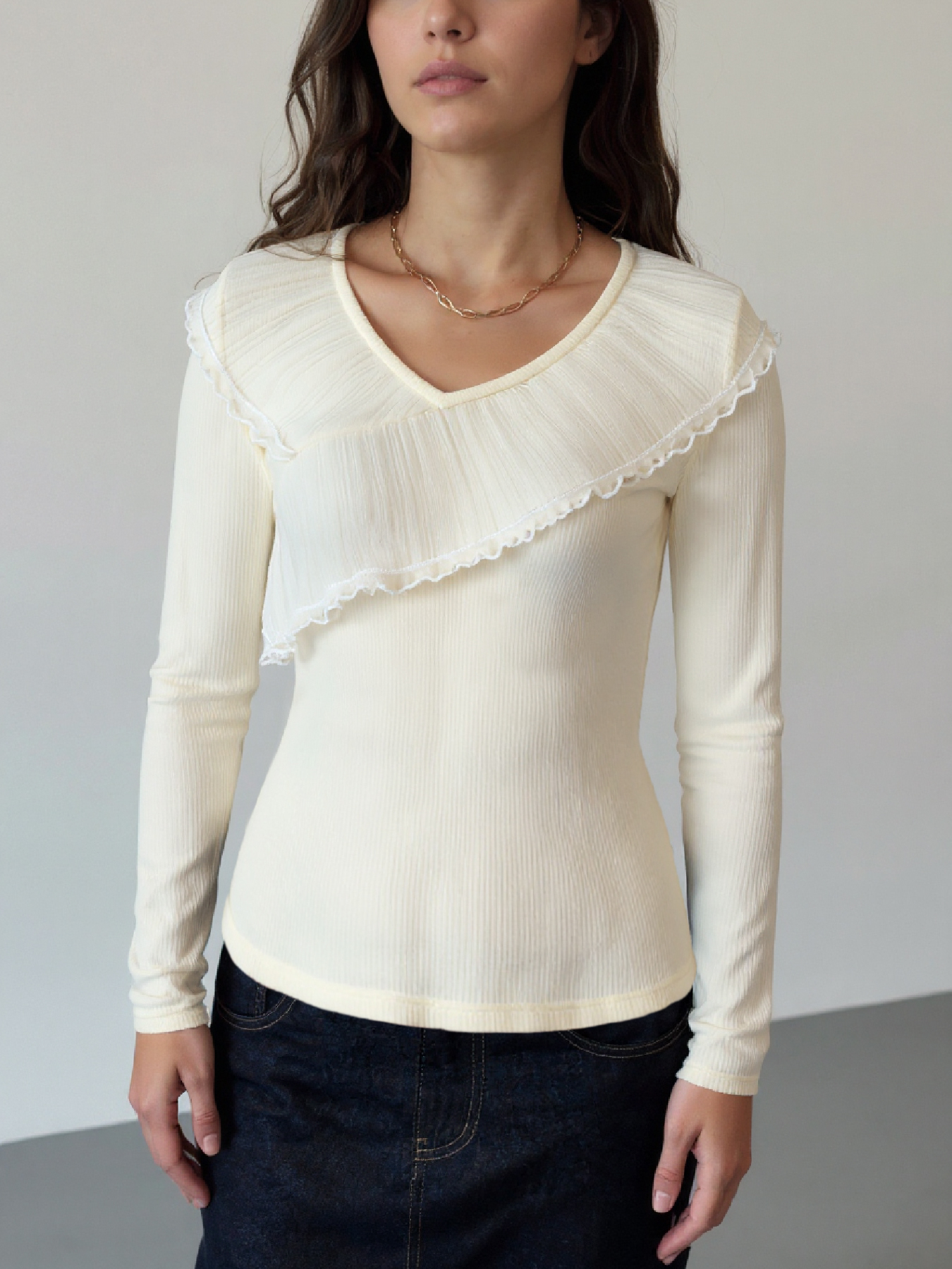 Women's Cream V-Neck Long Sleeve Top with Asymmetric Ruffle Lace Trim and Ribbed Detail