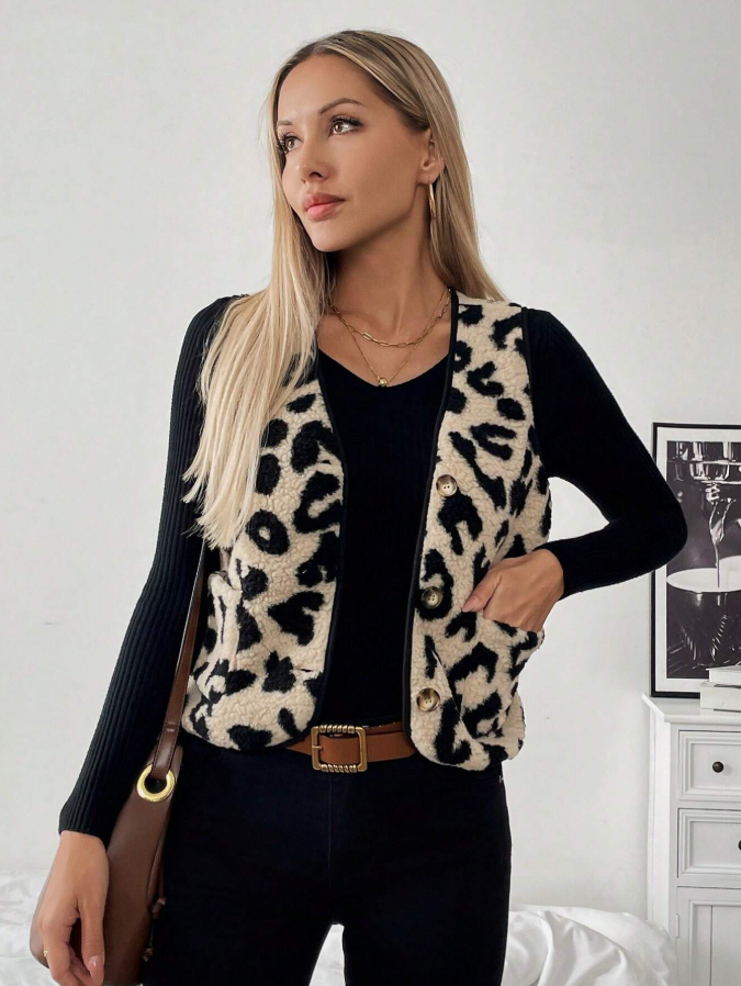 Woman's Beige & Black Leopard Print Shearling Vest-Aegean-sea