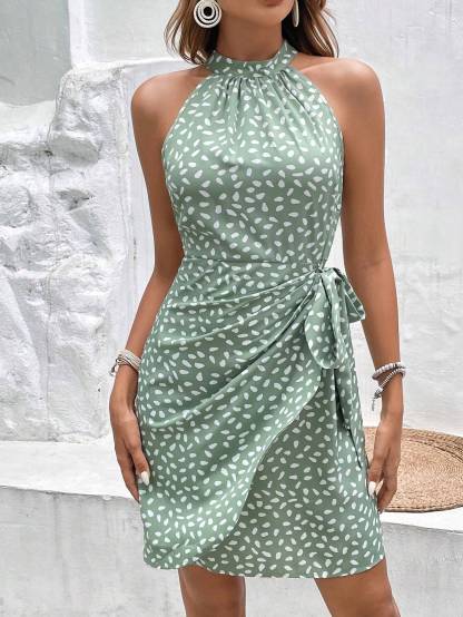 Women's Green Polka Dot Halter Neck Tie-Waist Wrap Mini Dress-Aegean-sea