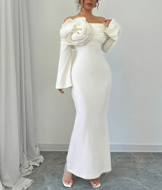 Women's White Off-The-Shoulder Long Sleeve Maxi Dress with Floral Applique-Aegean-sea