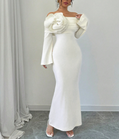 Women's White Off-The-Shoulder Long Sleeve Maxi Dress with Floral Applique-Aegean-sea