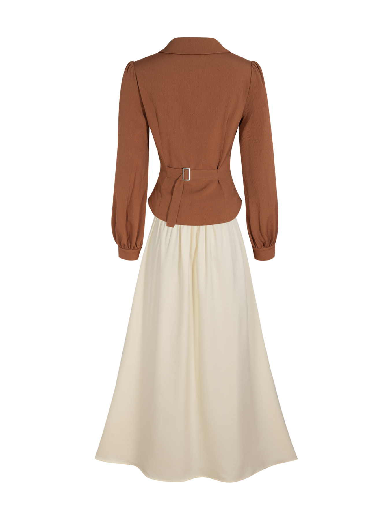 Caramel-colored twisted body shirt, beige-white high-waisted half-skirt button-down suit