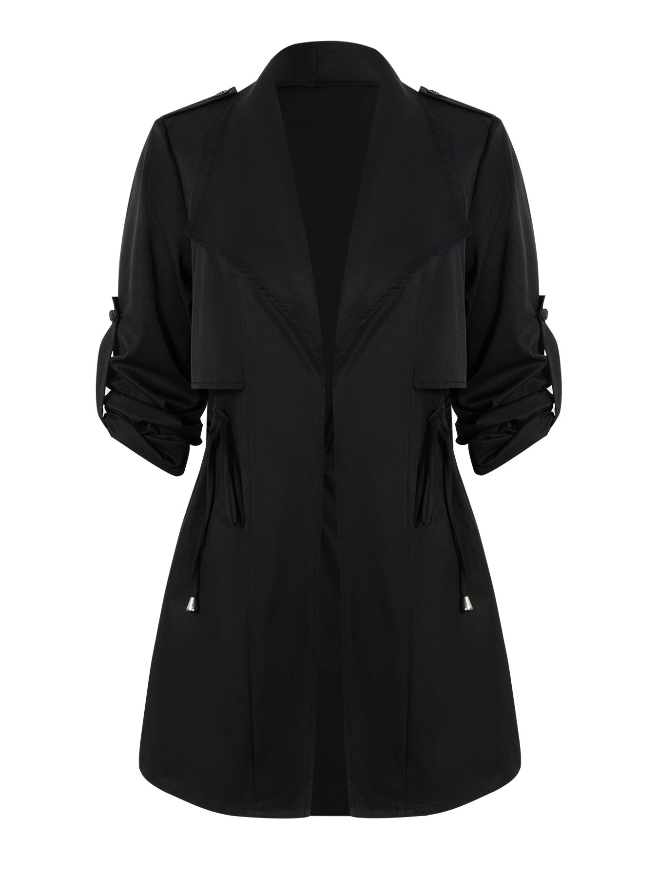  Woman's Black Mid-length Windbreaker Jacket-Aegean-sea