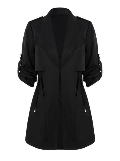  Woman's Black Mid-length Windbreaker Jacket-Aegean-sea