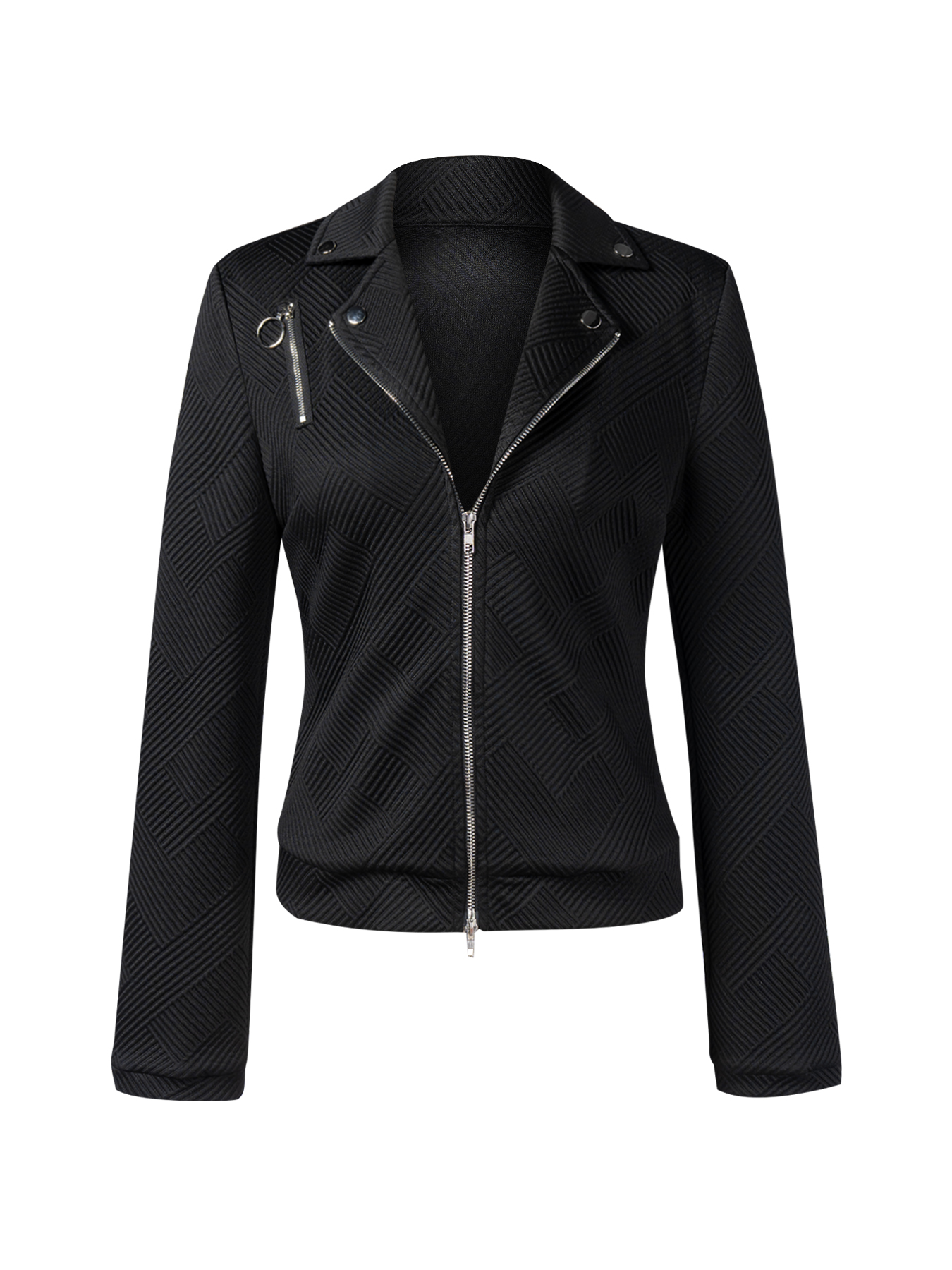 Chaqueta de motociclista texturizada negra con cremalleras metálicas y detalles angulosos-Aegean-sea