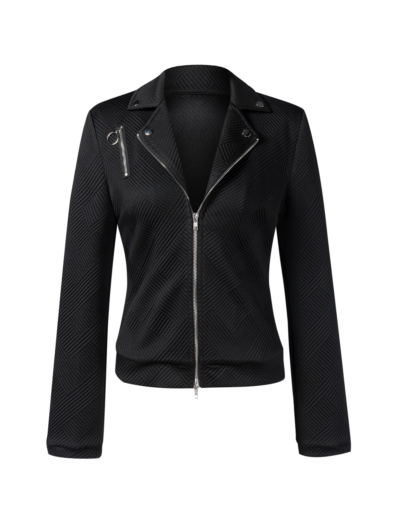 Chaqueta de motociclista texturizada negra con cremalleras metálicas y detalles angulosos-Aegean-sea