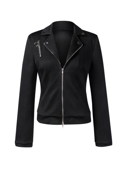 Chaqueta de motociclista texturizada negra con cremalleras metálicas y detalles angulosos-Aegean-sea