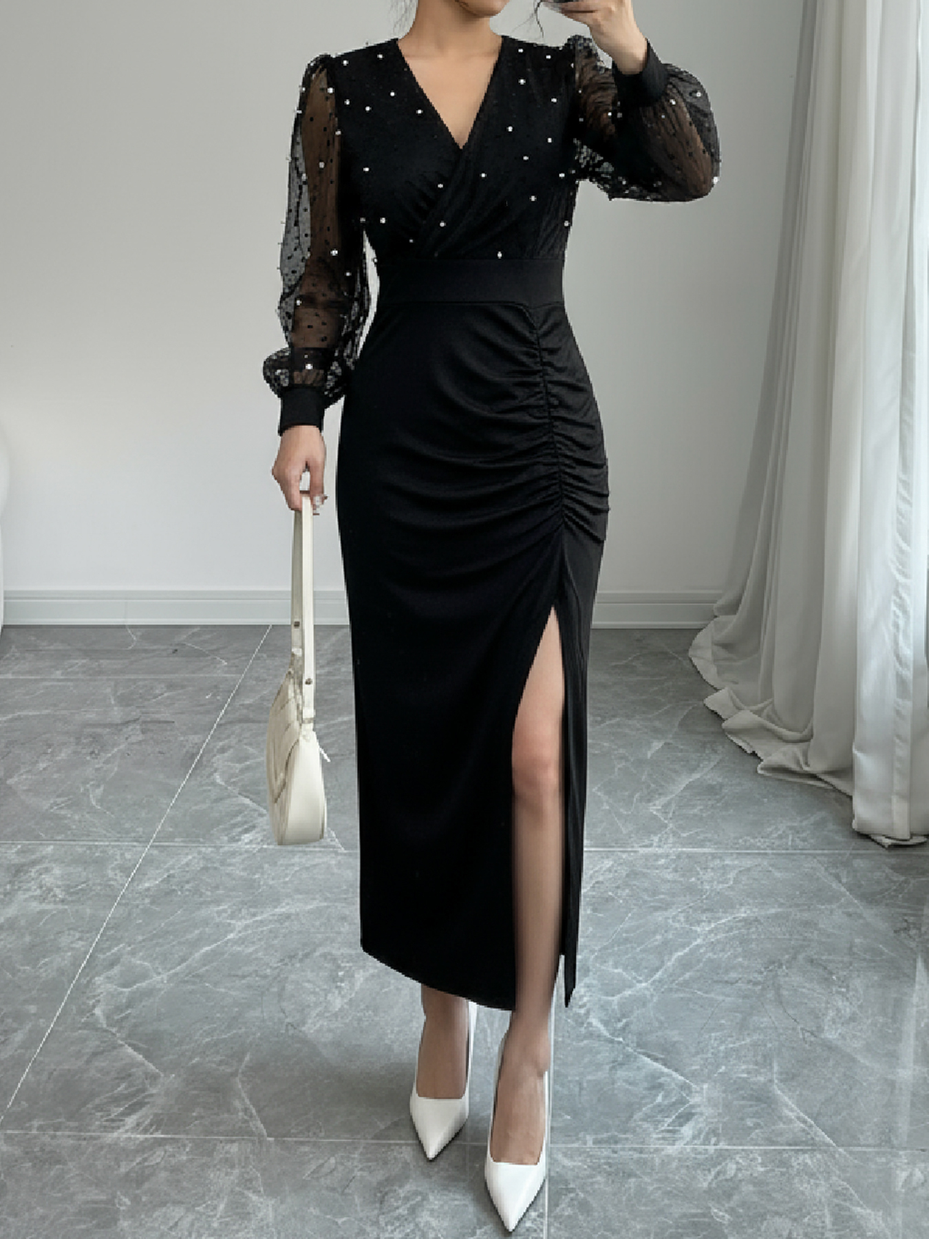 Vestido midi cruzado con mangas de malla adornadas con perlas negras para mujer-Aegean-sea