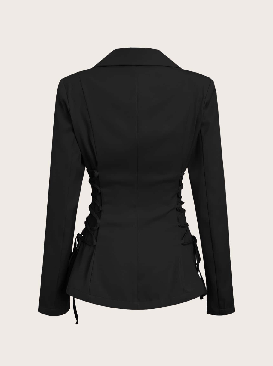Woman's Black Lace-Up Waist Tailored Blazer-Aegean-sea