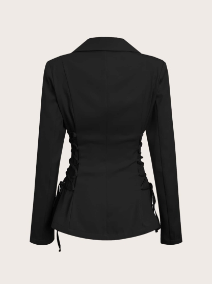 Woman's Black Lace-Up Waist Tailored Blazer-Aegean-sea