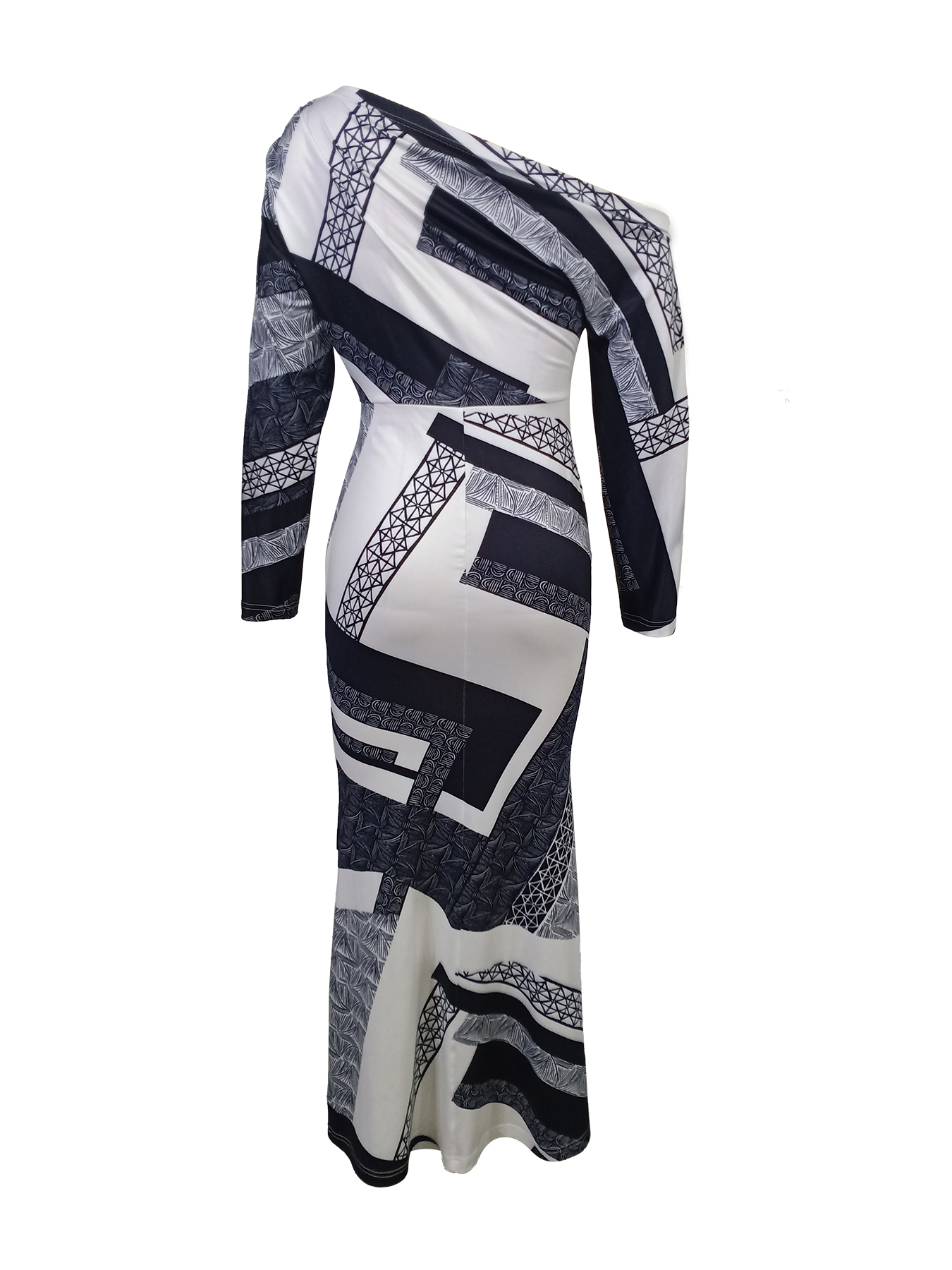 Black-and-white geometric-patterned slouch-shouldered women‘s dress Long-sleeved, body-fitting, hip-length skirt