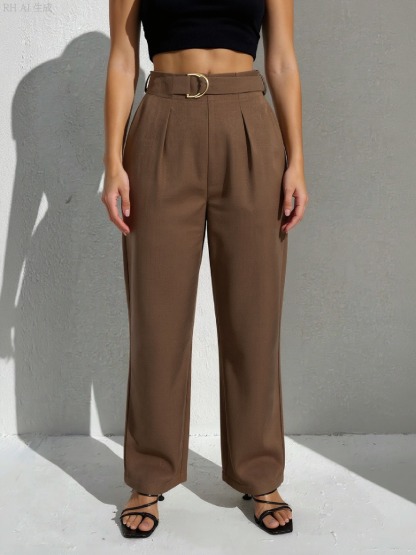Women's Elegant High Waisted Pleated Tapered Pants with D-Ring Belt