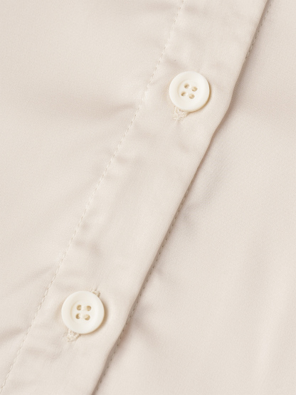 Beige Satin V-Neck Blouse with Pearl Trim-Aegean-sea