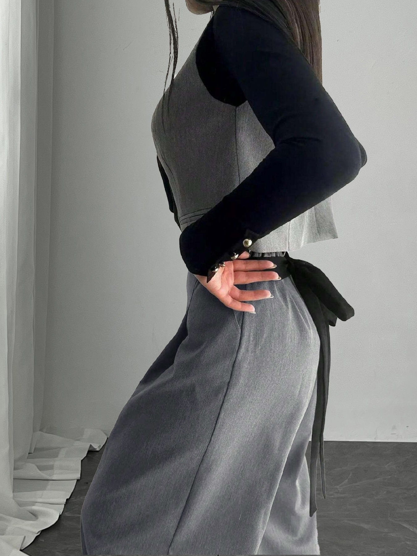 Woman's Gray Wide-Leg Pants with Black Sash Detail-Aegean-sea