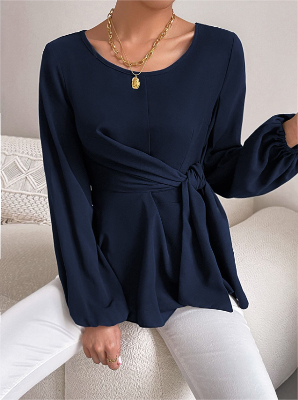 Camiseta de peplum de manga larga para mujer con cuello redondo, cintura de lazo y puños acampanados-Aegean-sea