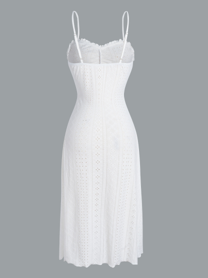 White Eyelet Embroidery Ruffle Camisole Dress & Loose Long Sleeve Cardigan Loungewear Set