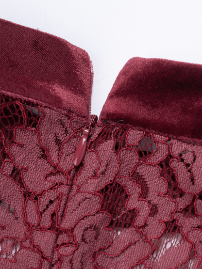 Woman's Burgundy Velvet Lace Long Sleeve Halter Sweetheart Mermaid Dress