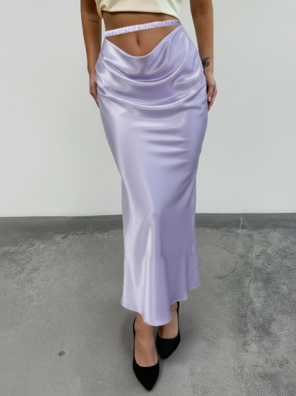 Women's Lavender Satin Midi Skirt with Ruched Asymmetric Waist Detail-Aegean-sea
