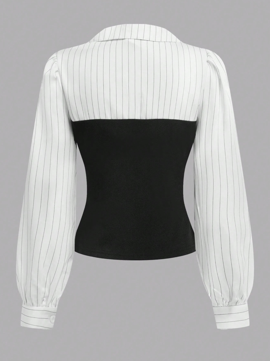 Woman's White Striped Sleeve Bustier Top & Black High-Waisted Flared Pants Two-Piece Set-Aegean-sea