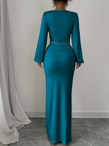 Woman's Deep V Crop Top & Mermaid Skirt Two-Piece Set