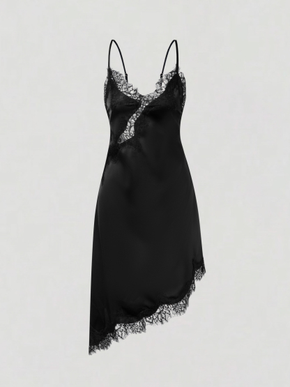 2026 Spring/Summer New Style Sexy & Elegant V-neck Lace Splicing Asymmetric Camisole Dress