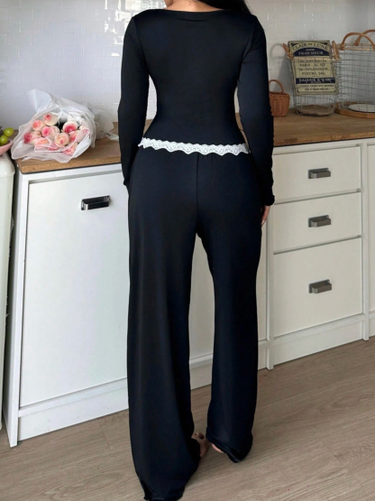 Woman's Black Lace Embellished Long-Sleeve Loose Wide-Leg Pants Comfortable Loungewear Two-Piece-Aegean-sea