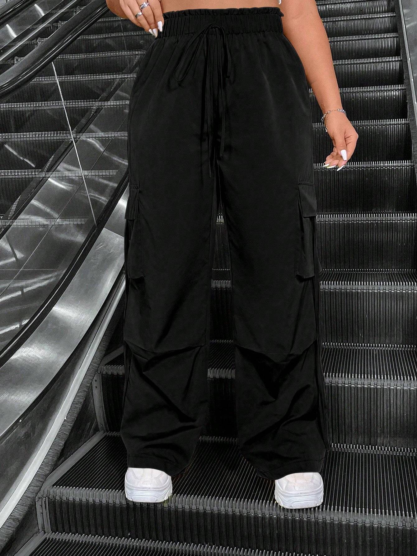 Women's Black High-Waisted Drawstring Cargo Pants-Aegean-sea