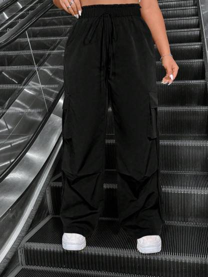 Women's Black High-Waisted Drawstring Cargo Pants-Aegean-sea