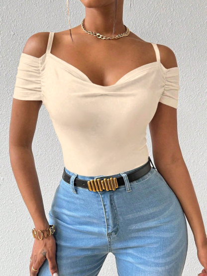 Woman's Off-Shoulder Spaghetti Strap Ruched Short Sleeve Bodysuit-Aegean-sea