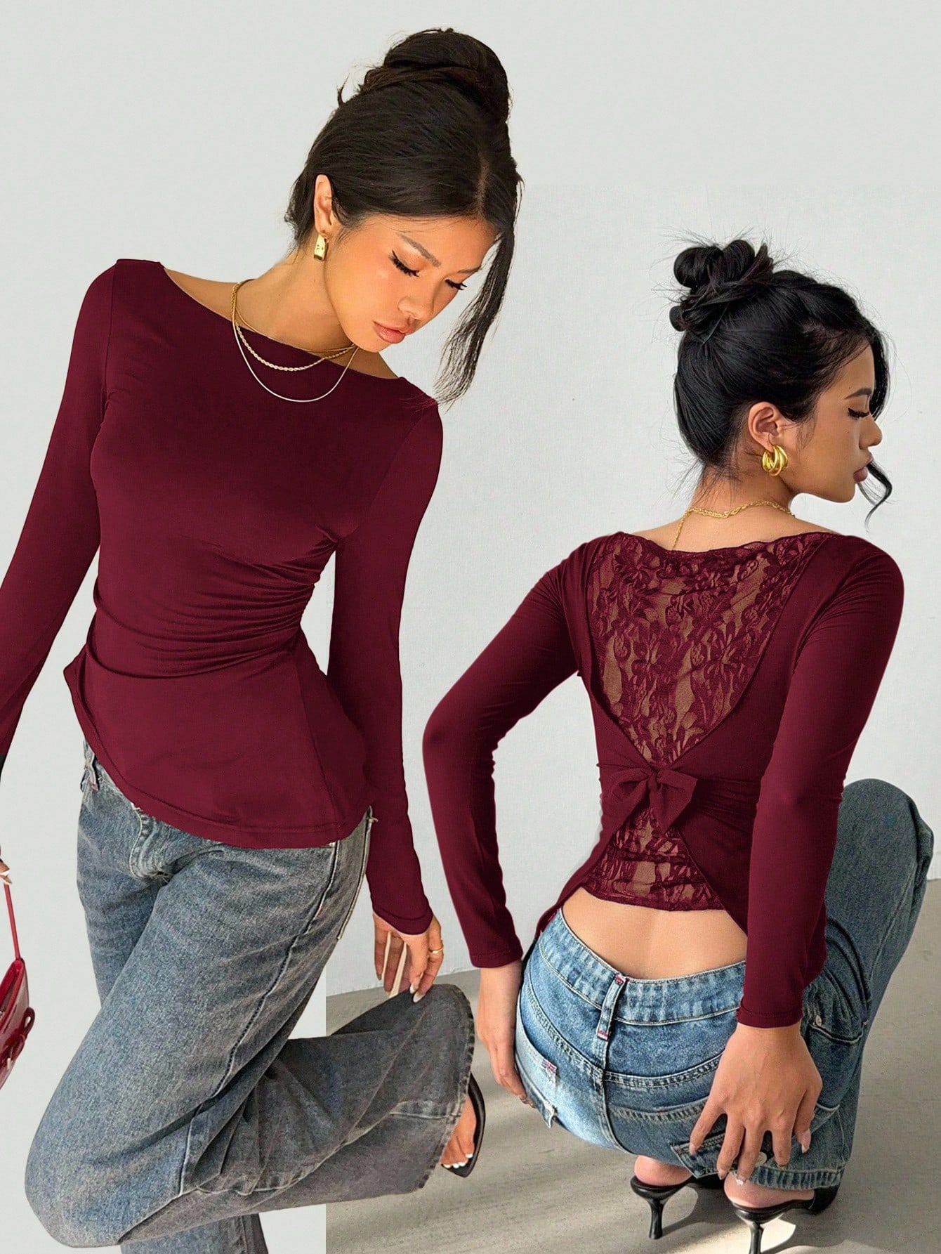 Woman's Burgundy Off-Shoulder Long Sleeve Top with Lace Bow Back