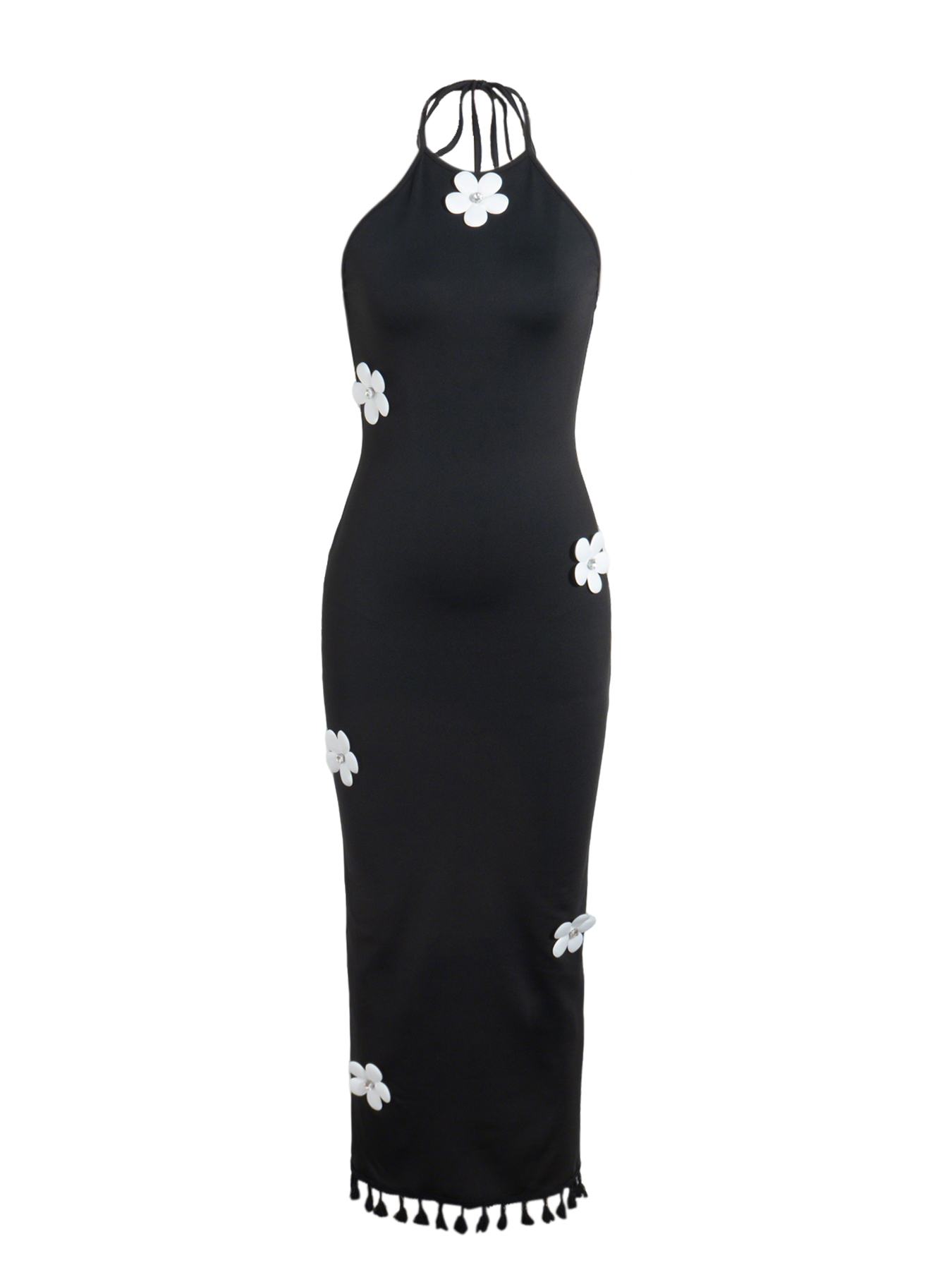 Woman's Black Halter Neck 3D Floral Embellished Tassel Hem Maxi Dress