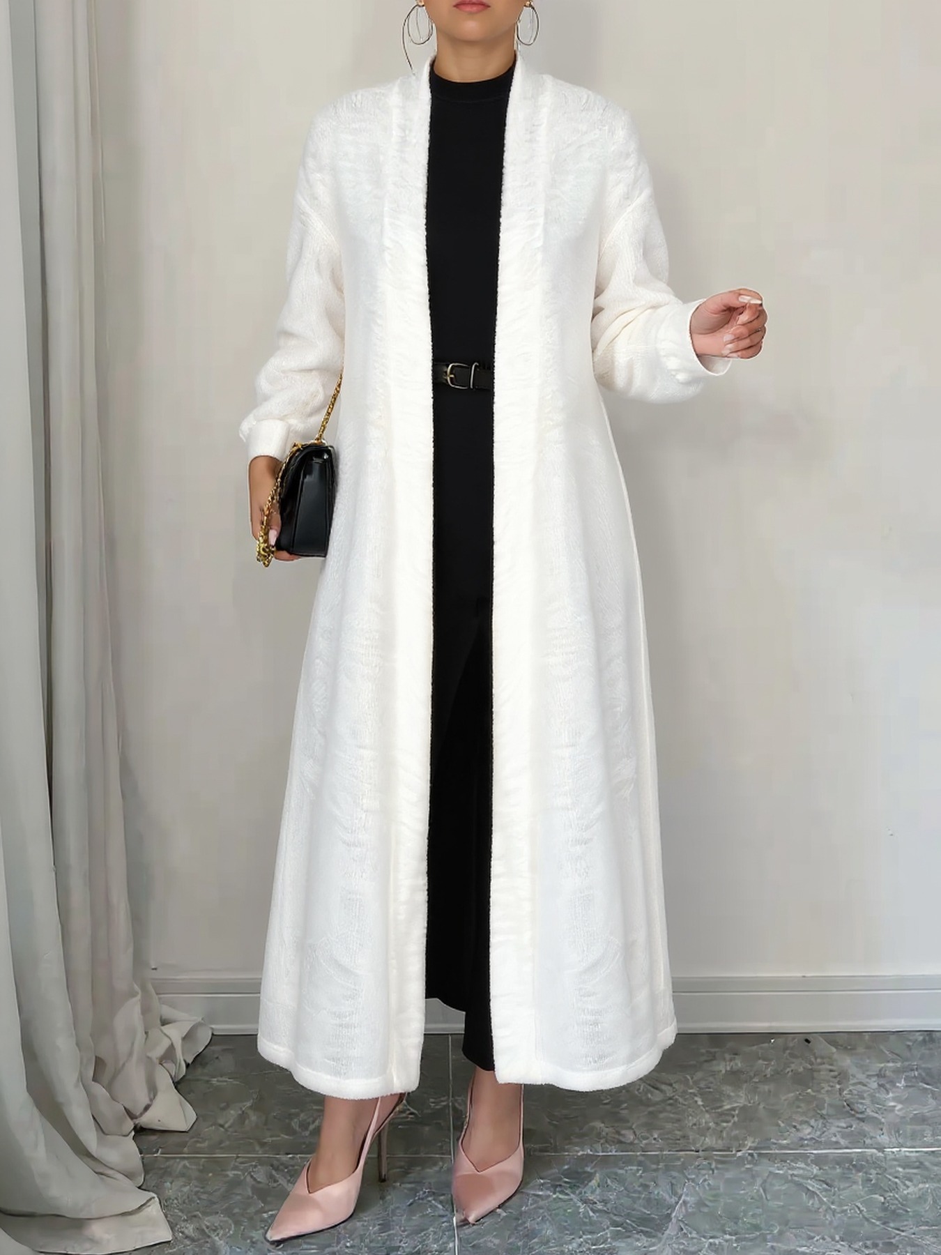 White Longline Open Front Cardigan with Puff Sleeves-Aegean-sea