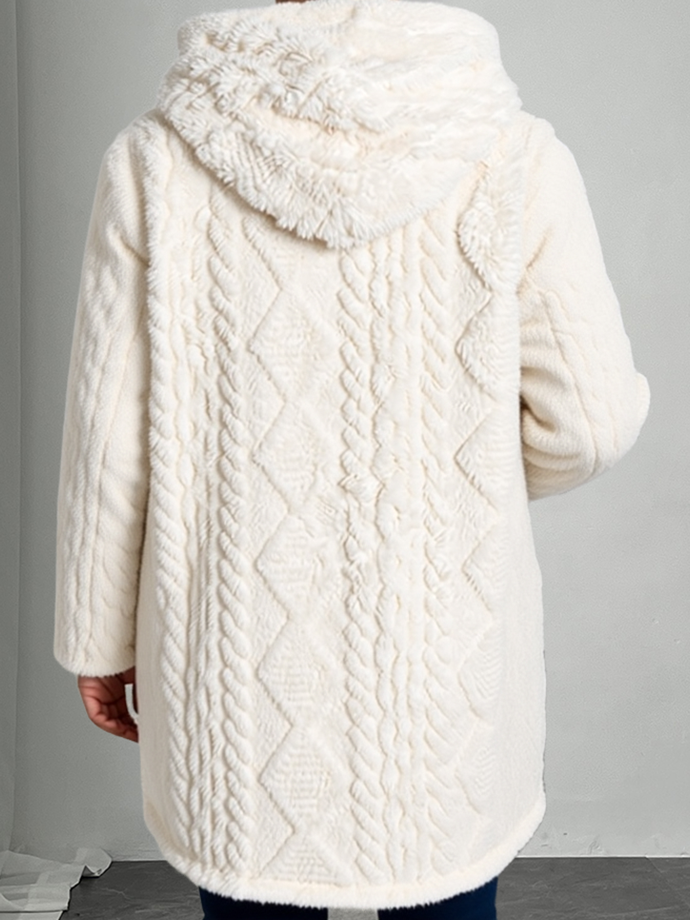 Woman's Cream Faux Fur Hooded Coat with Cable Knit Texture & Metal Buttons-Aegean-sea