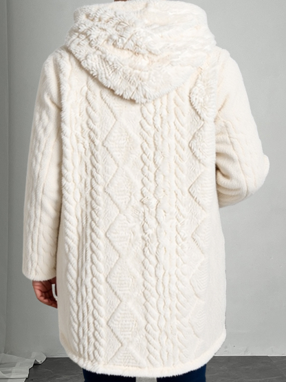Woman's Cream Faux Fur Hooded Coat with Cable Knit Texture & Metal Buttons-Aegean-sea