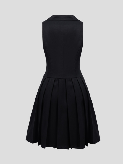 Women's Lapel Collar Pleated Hem Dress - Sleeveless Button Front Office Bodycon