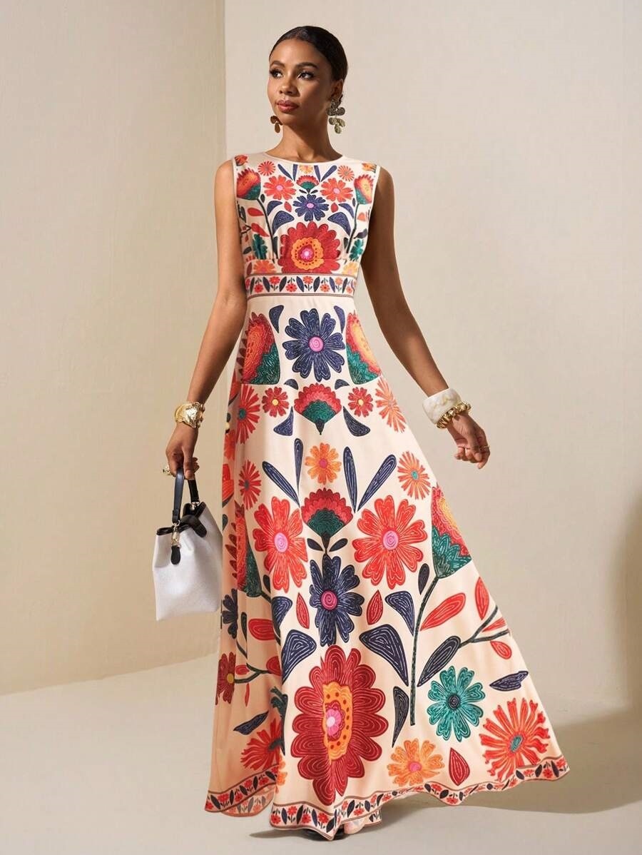 2026 Spring New Colorful Mexican Floral Embroidered Maxi Dress - Sleeveless Formal Party Gown