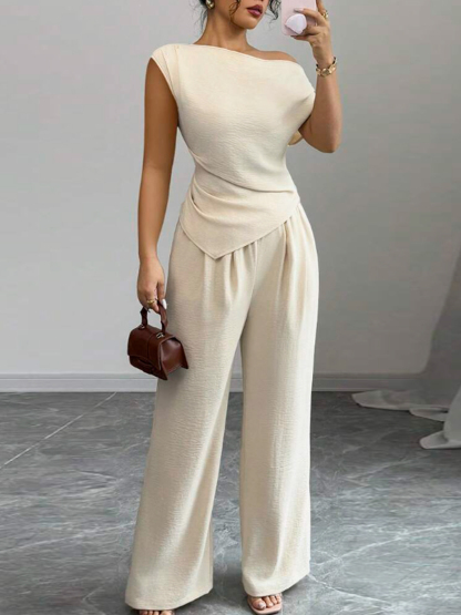 Women's One Shoulder Wrap Top & High Waisted Wide Leg Pants Two-Piece Set