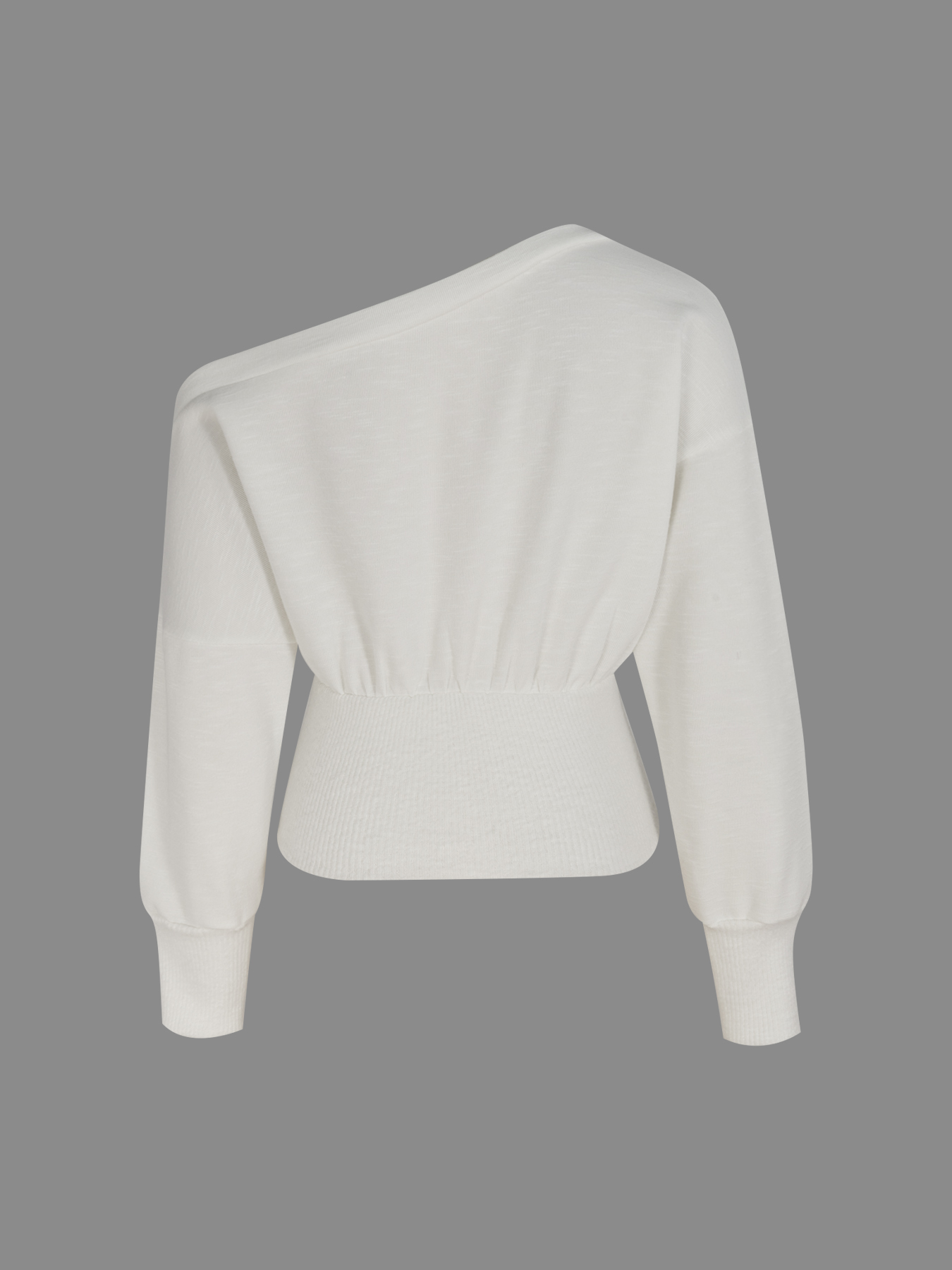 White Off-The-Shoulder Long Sleeve Knit Top with Ribbed Waist