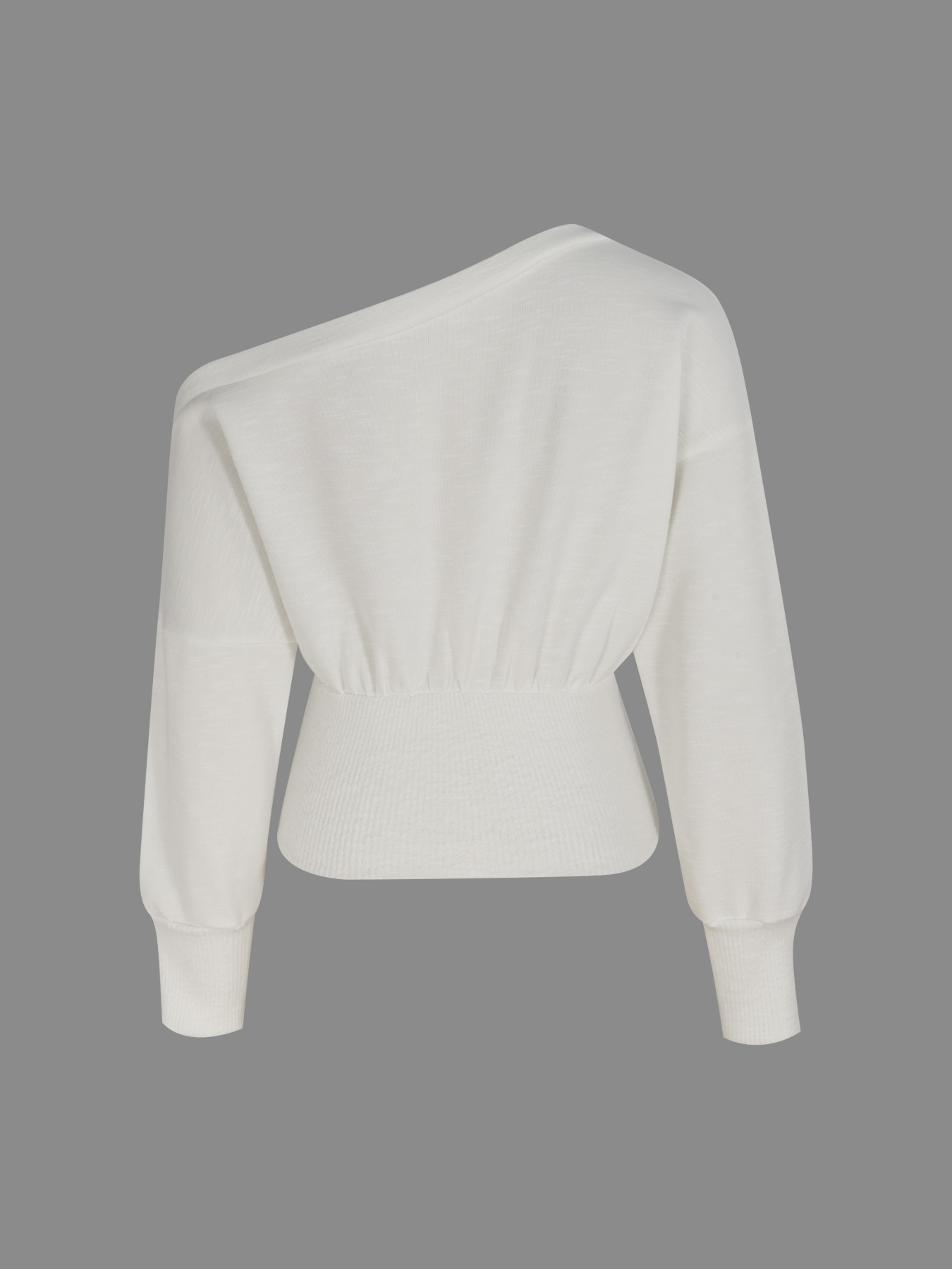 White Off-The-Shoulder Long Sleeve Knit Top with Ribbed Waist