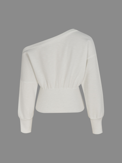 White Off-The-Shoulder Long Sleeve Knit Top with Ribbed Waist