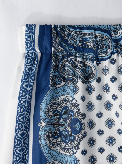 Flowery sling-back square scarf top wide-legged pants suit, bohemian holiday style two-piece suit