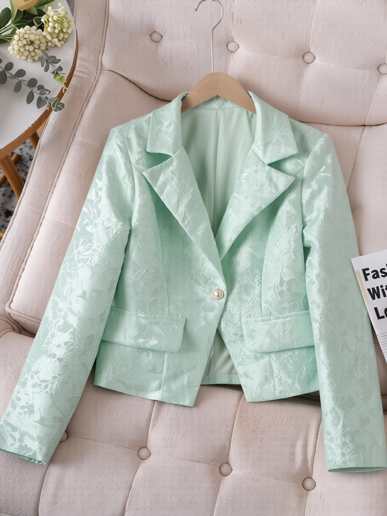 Woman's Jacquard Waist-Cinched Blazer : Pearl Button Elegant Commute Blazer